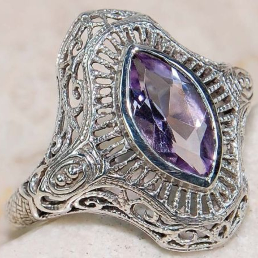 2CT Marquis Amethyst 925 Silver Art Deco Ring S/6